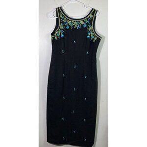 Womens Studio C Sleeveless Black Embroidered Florals Linen Blend Lined Dress 8